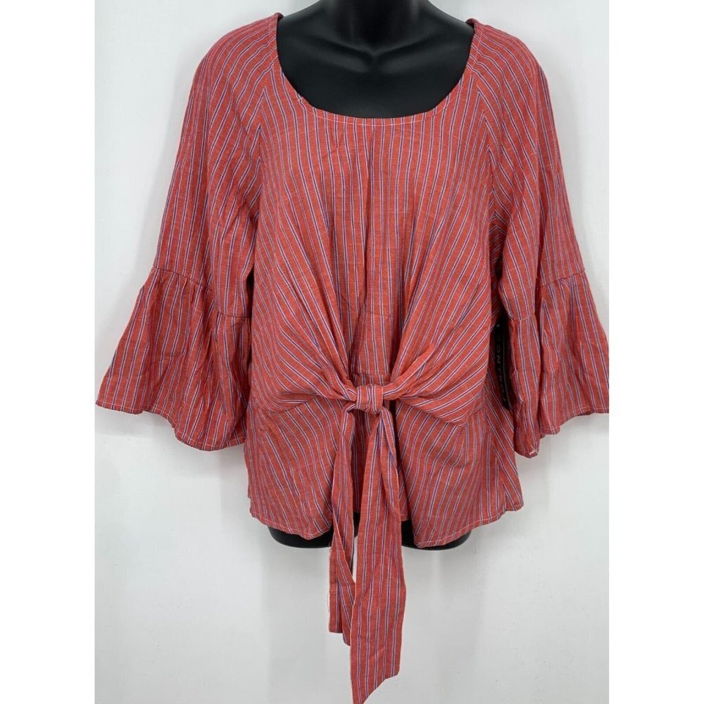 Kontrol Contemporary Top Blouse Plus Size 3X Red Blue Stripe Flare Tie Women New
